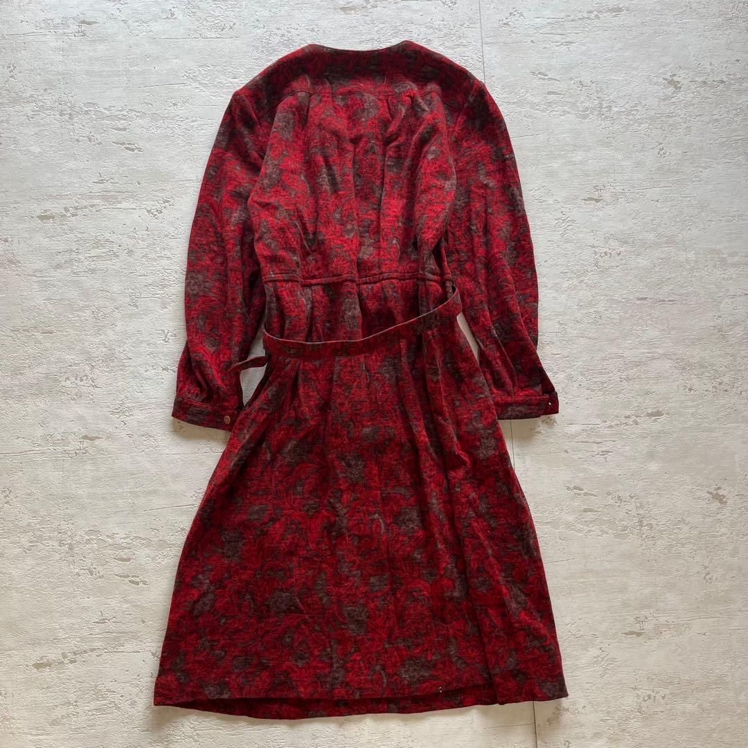 昭和レトロ 赤ブラウン花柄ワンピース｜ウール混ベルト付きクラシカルドレス