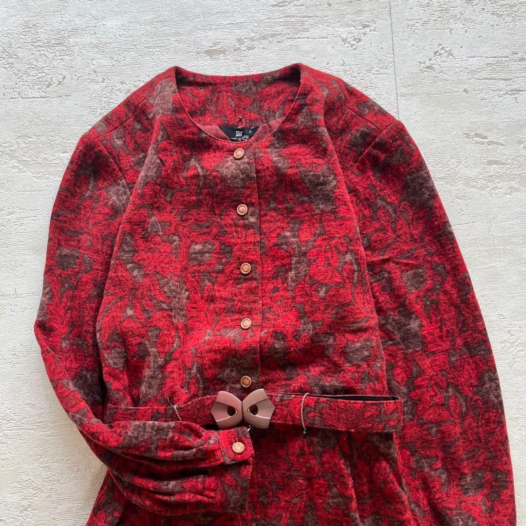 昭和レトロ 赤ブラウン花柄ワンピース｜ウール混ベルト付きクラシカルドレス