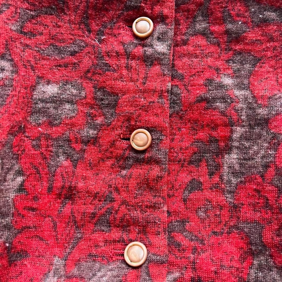 赤ブラウン花柄ワンピース｜ウール混ベルト付きクラシカルドレス