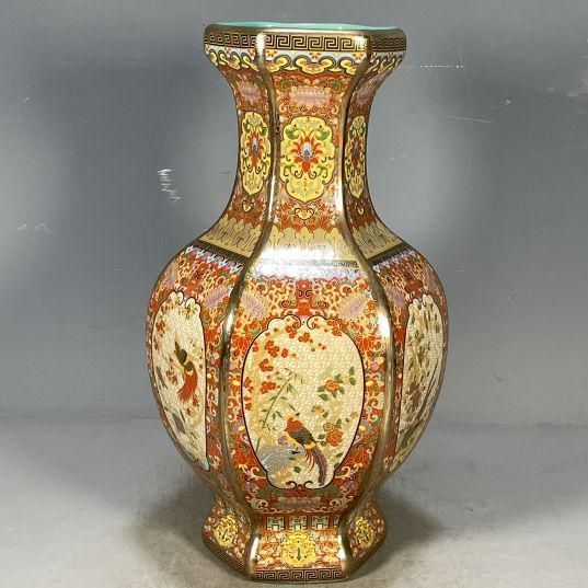 清乾隆琺瑯彩花鳥図紋六稜賞瓶 景徳鎮 陶磁器 装飾品 工芸品 美術品