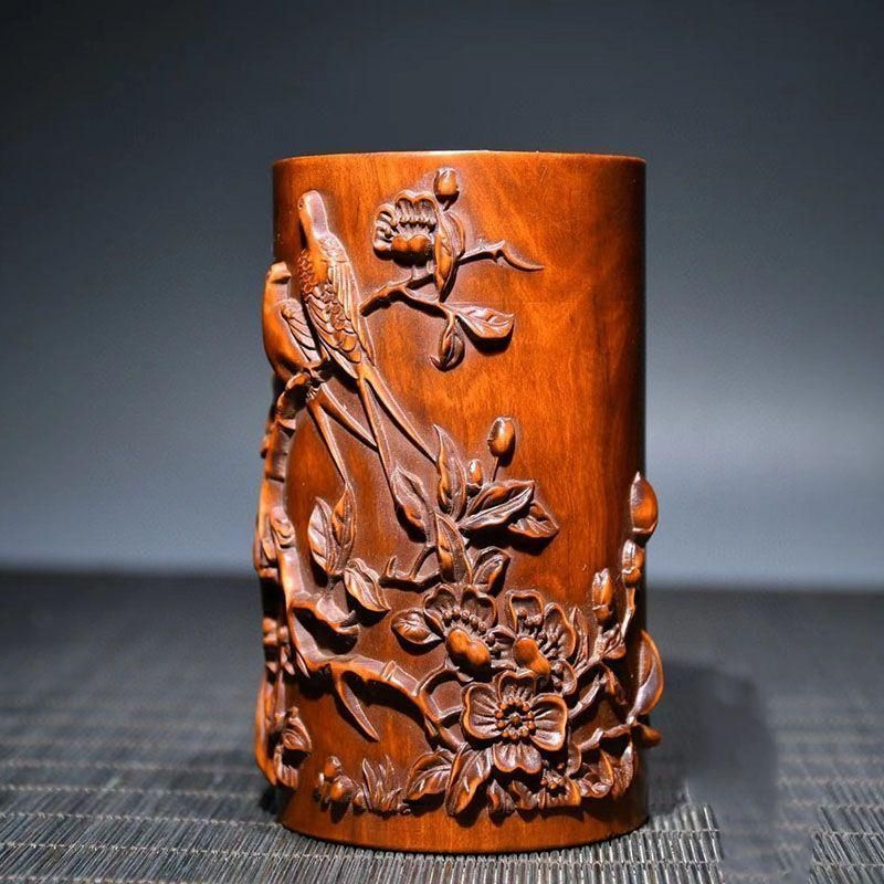黄楊木 浮彫花鳥 筆筒 筆箱 文房具 置物 - メルカリ