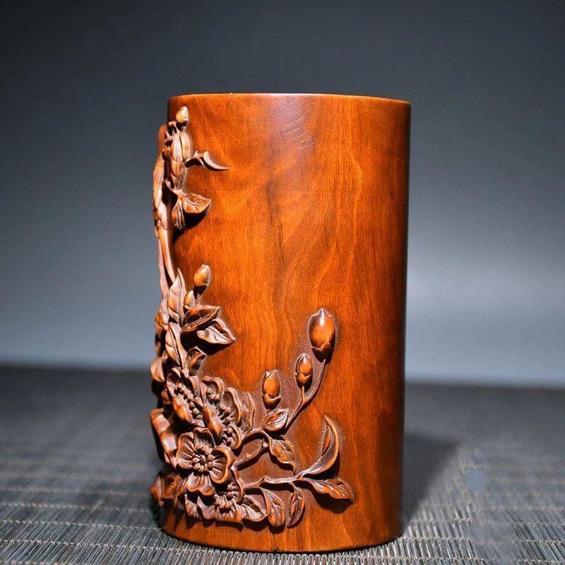 ◆ 超絶技巧！黄楊木筆筒 透かし彫 一刀彫 文房四宝 書道具 筆入れ 柘植◆ ◇ 超絶技巧！黄楊木筆筒 透かし彫 一刀彫 文房四宝 書道具 筆入れ