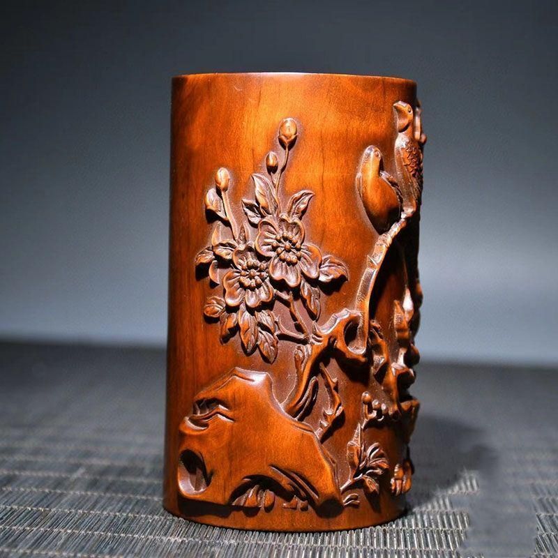 黄楊木 浮彫花鳥 筆筒 筆箱 文房具 置物 - メルカリ