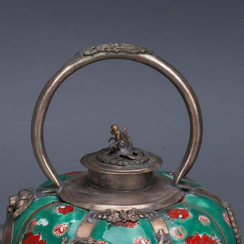 民国粉彩磁器 花図提梁茶壺 酒壺 装飾品 工芸品 置物 - メルカリ