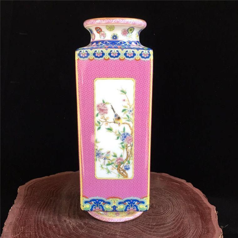 乾隆粉彩花鳥四方円口花瓶 景徳鎮 陶磁器 装飾品 工芸品 美術品 置物