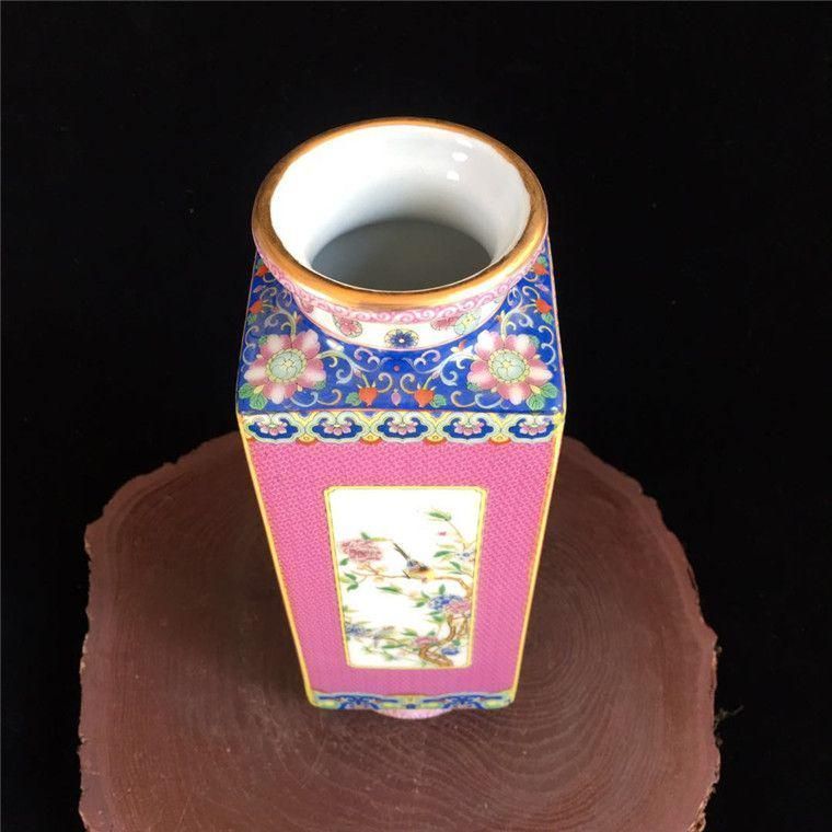 乾隆粉彩花鳥四方円口花瓶 景徳鎮 陶磁器 装飾品 工芸品 美術品 置物