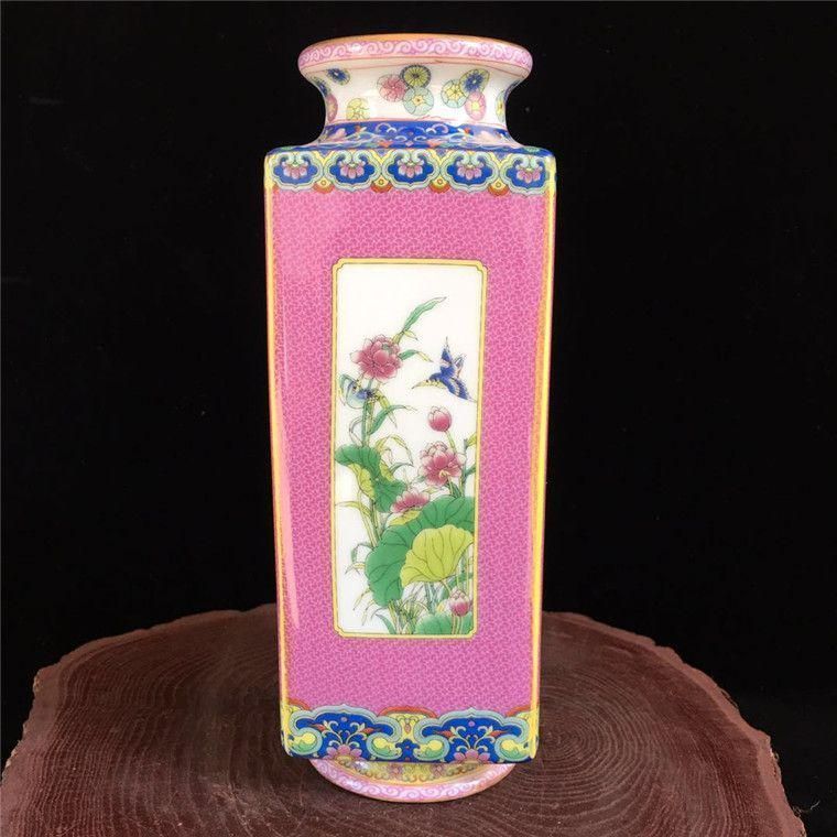 乾隆粉彩花鳥四方円口花瓶 景徳鎮 陶磁器 装飾品 工芸品 美術品 置物