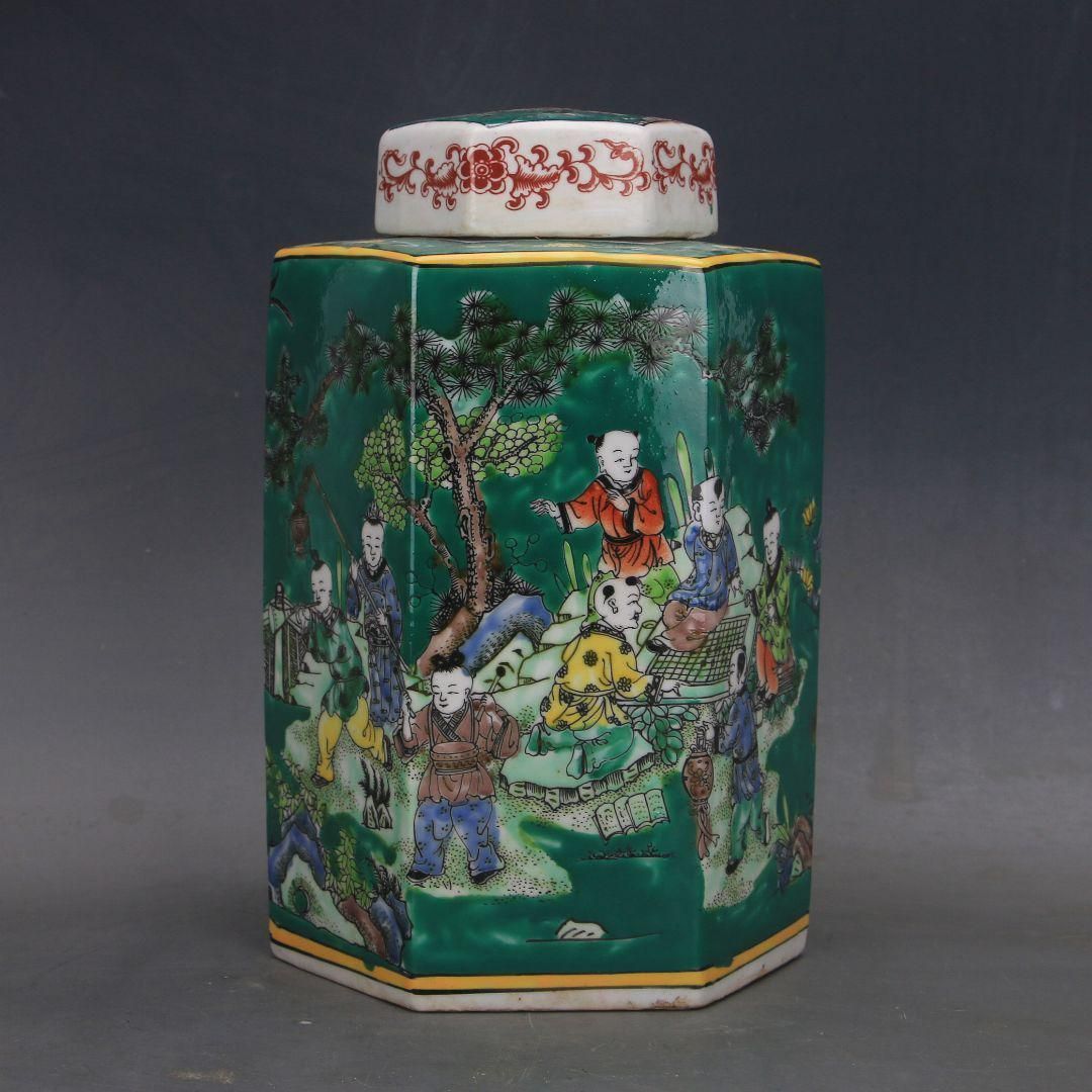 中国美術 緑地粉彩人物六方茶缶 茶道具 茶器 景徳鎮 陶磁器 工芸品