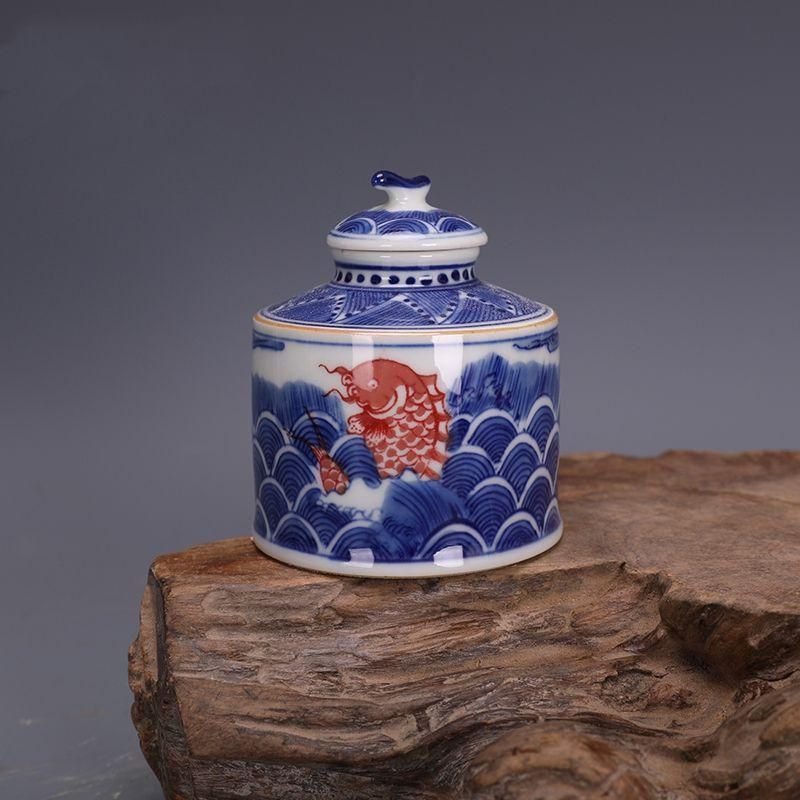 五良大甫青花斗彩海水魚紋茶缶 蓋缶 工芸品 美術品 置物 - メルカリ