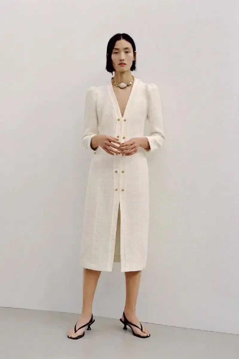 ザラ 白 ツイード ワンピース ミディ丈 M