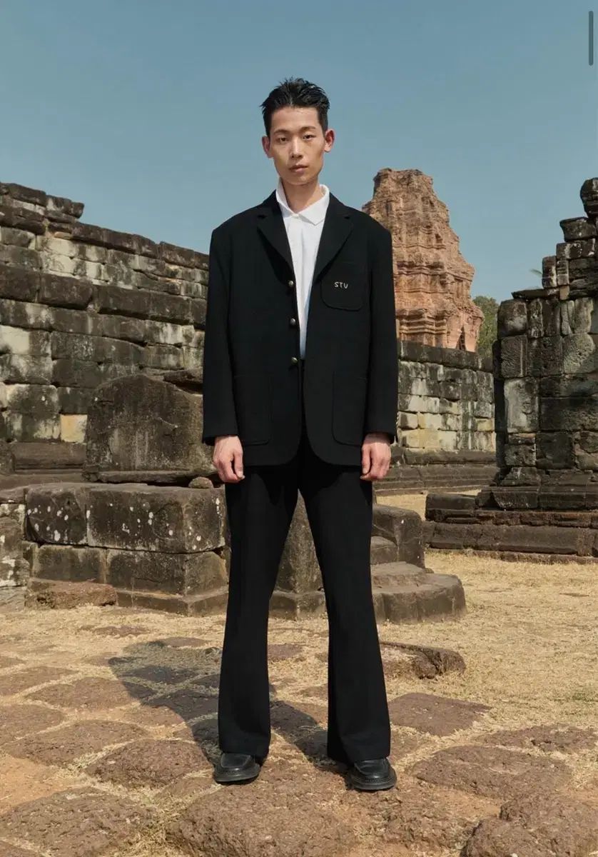 stu 3ボタン ウール カシミア スティッチ ブレーザー ブラック