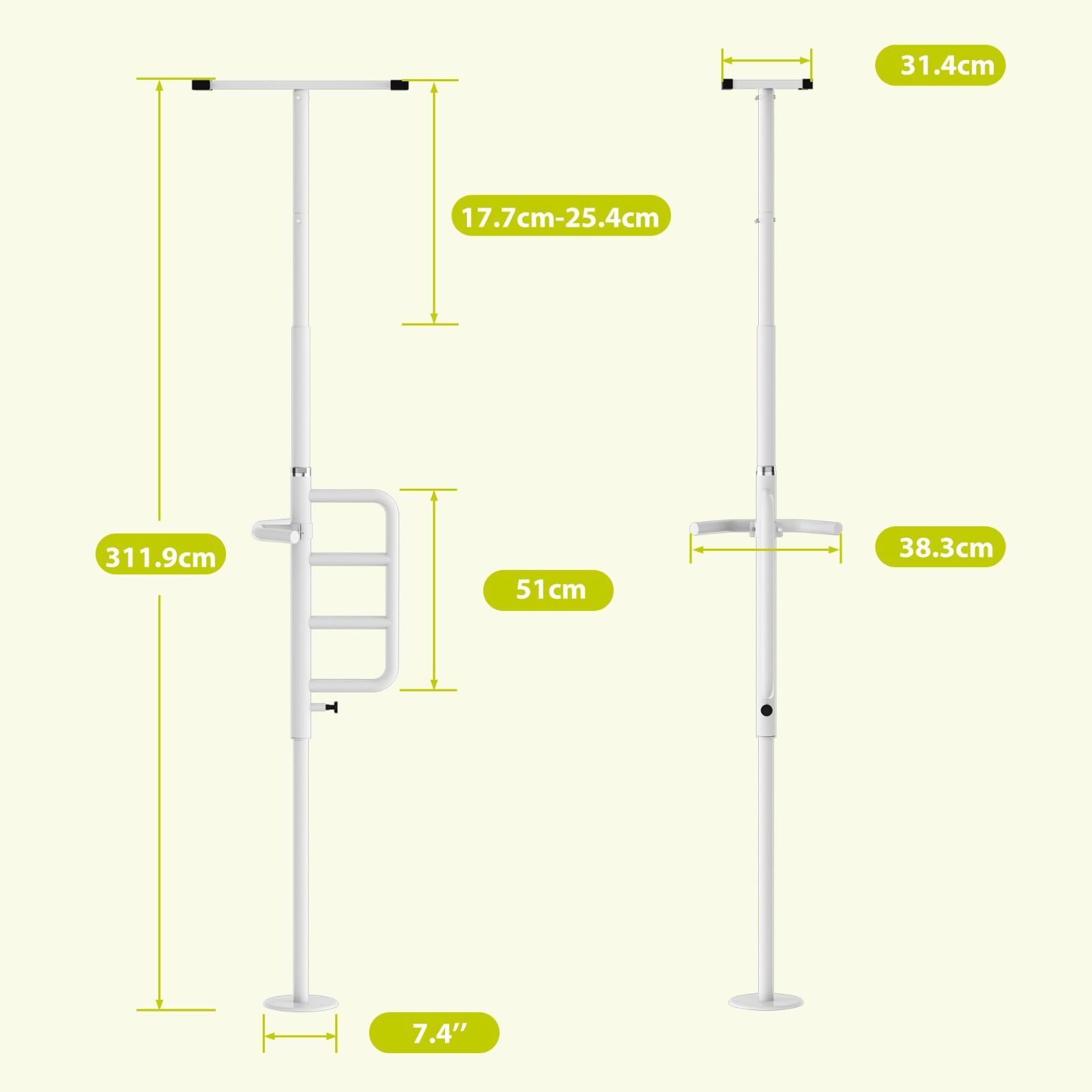 セキュリティポール&カーブグラブバー 天井突っ張り式 360度回転ハンドル付き 高齢者 介護用浴室手すり 208-312cm対応 耐荷重136kg ホワイト