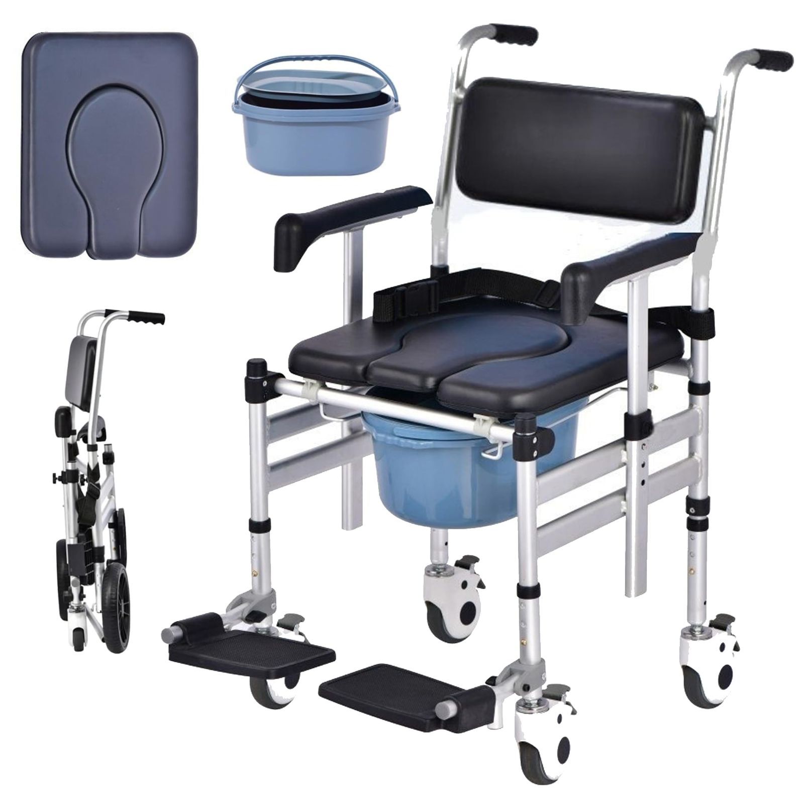 トイレ車椅子 シャワー椅子 入浴用車いす 折りたたみ 入浴シャワー用車椅子 入浴 トイレ用 介護 3つ高さ調整 入浴 U型シート 組立簡単 ブラック 4inch