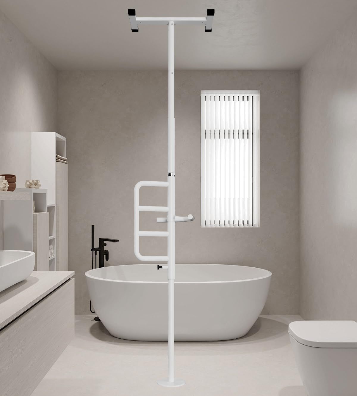 セキュリティポール＆カーブグラブバー 天井突っ張り式 360度回転ハンドル付き 高齢者 介護用浴室手すり 208 312 cm対応 耐荷重136 kg ホワイト