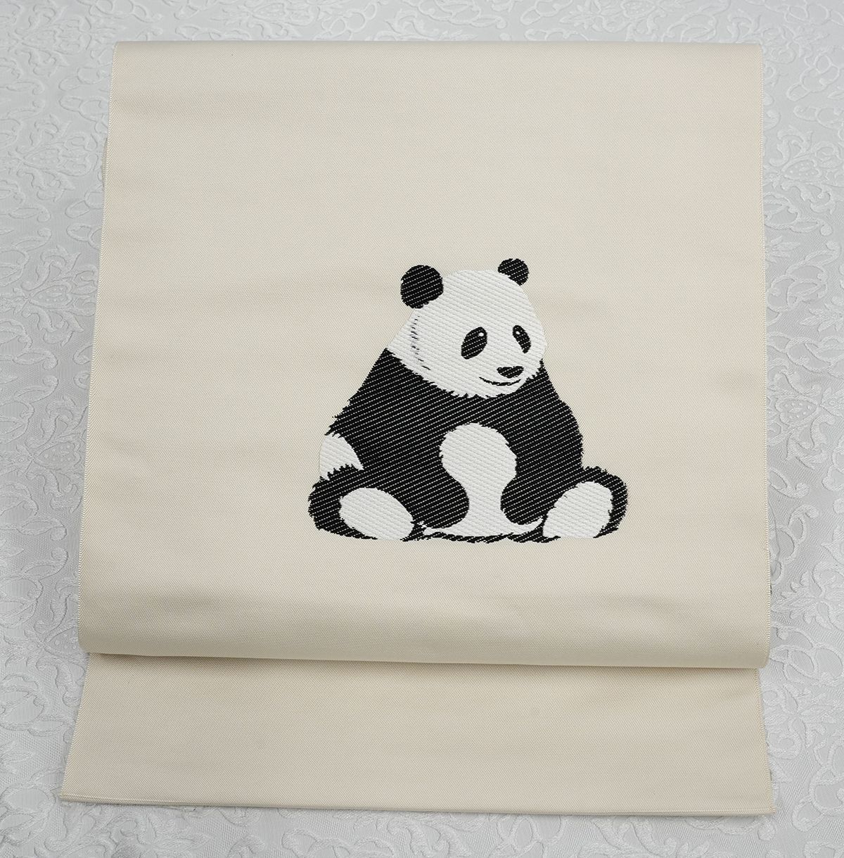 未仕立 西陣織 九寸 名古屋帯 パンダ柄 アイボリー 仕立代込み