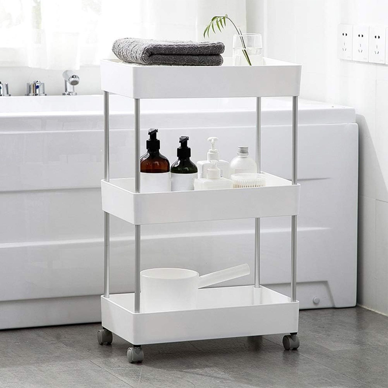 キッチンワゴン 隙間収納 キャスター付き ペットボトルラック 三段式 ホワイト ワゴン キャスター付き 3段 スリム キッチンワゴン 洗面所 収納