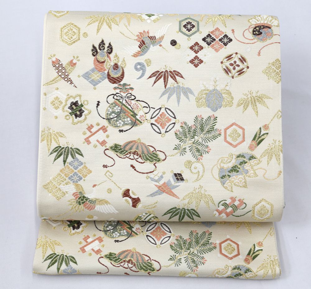 未仕立 西陣織 袋帯 山下織物 招福宝尽くし アイボリー 仕立代込み