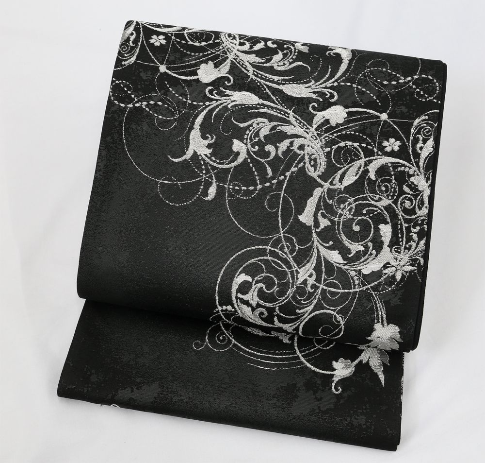 未仕立 西陣織 袋帯 黒地 唐草柄 仕立代込み