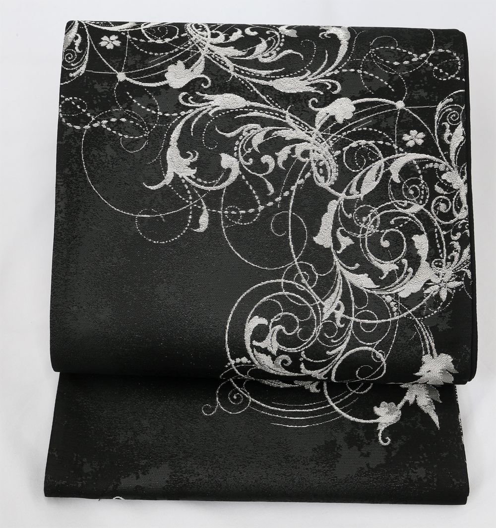 未仕立 西陣織 袋帯 黒地 唐草柄 仕立代込み