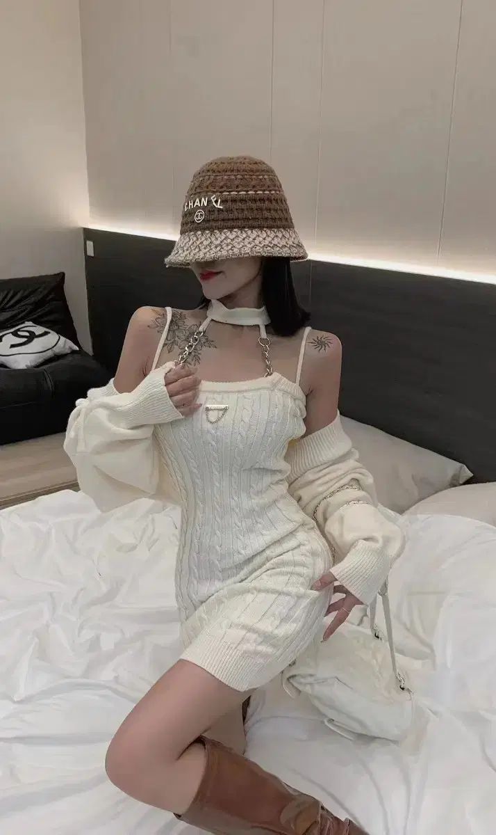 ピンク ニット チェーン 紐 ONE PIECE カーディガン セット