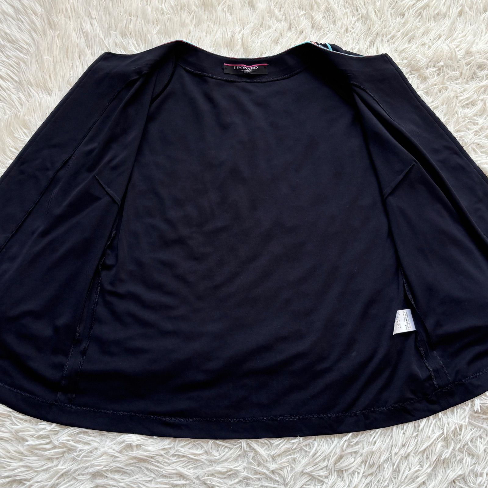 【正規品販売】 レオナール カンカン素材 カーディガン 大きいサイズLL 七分袖 ジャージー ストレッチ ジップアップ トップス レディース ブラック LEONARD FASHION