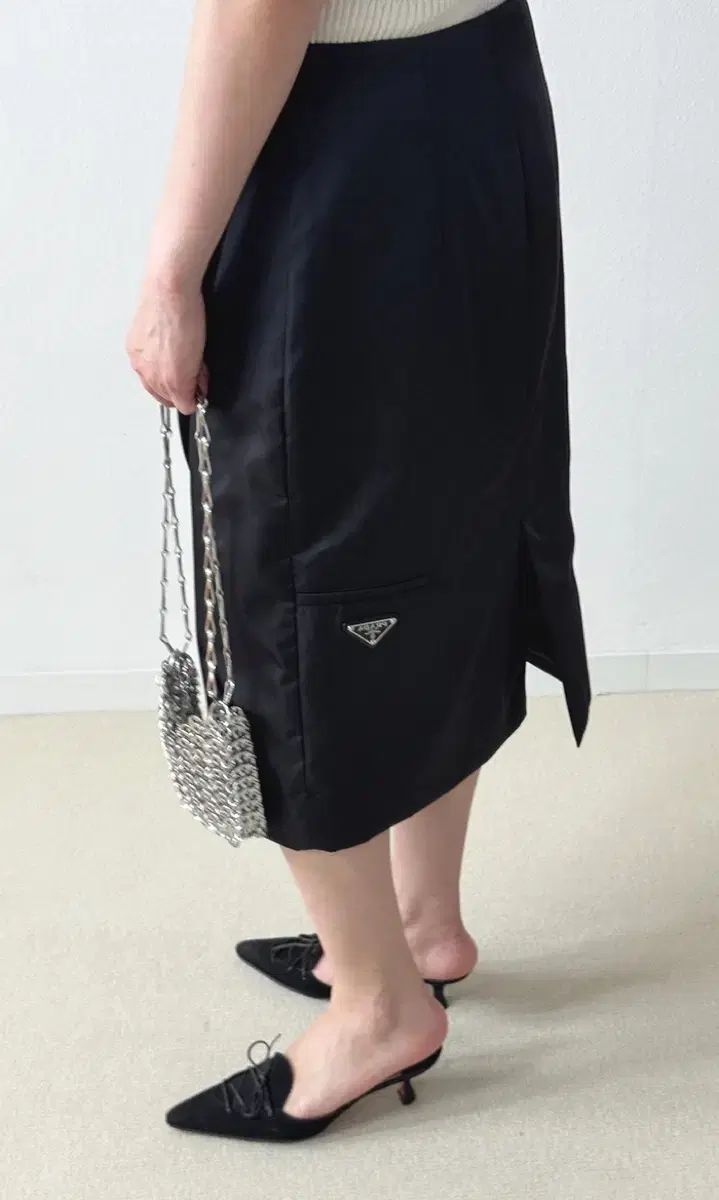 プラダ PRADA 膝丈 スカート プリーツ コットン ミモレ 紺 42 ‡ PRADA