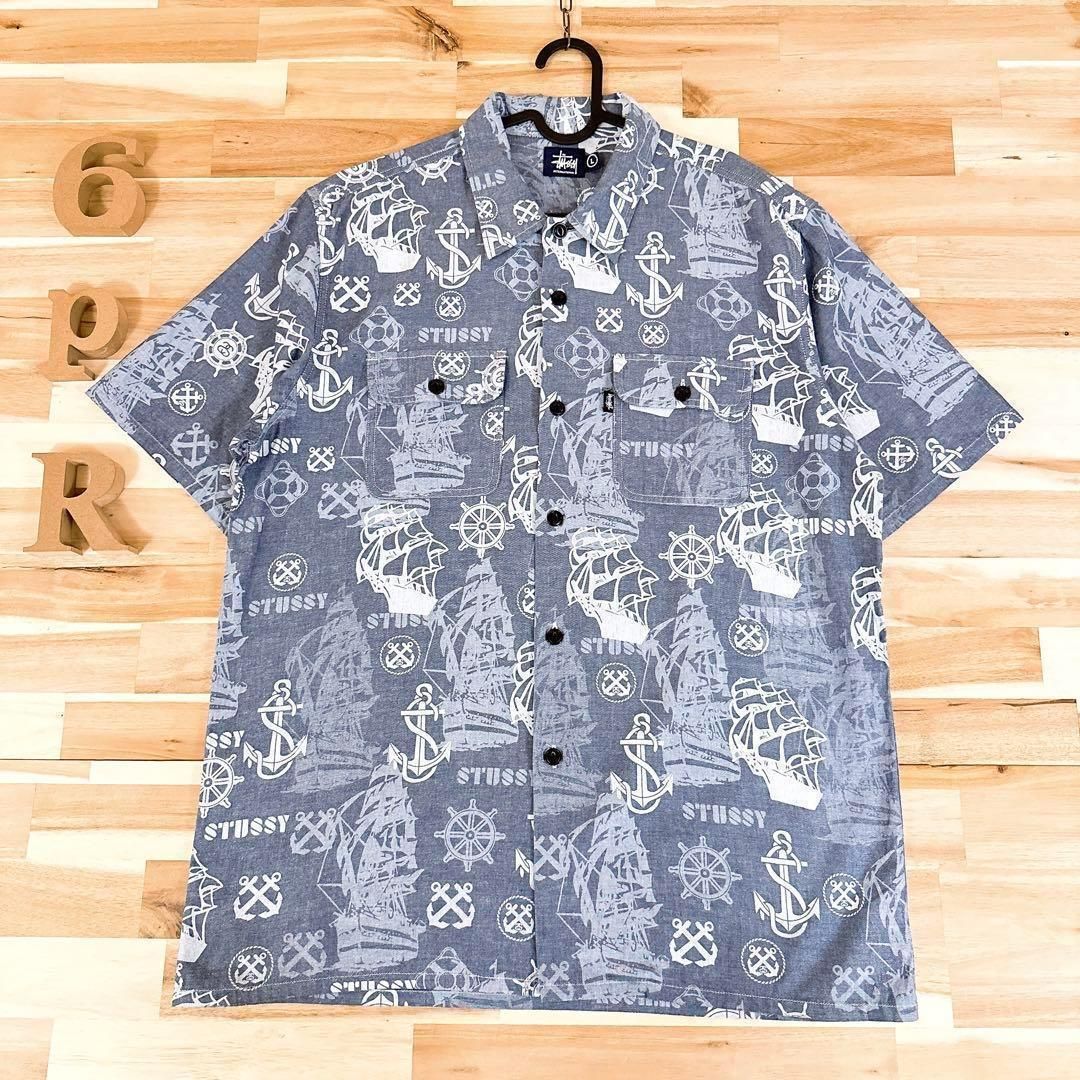 ステューシー マリン アート コットン 半袖シャツ 総柄 海 L 青×グレー