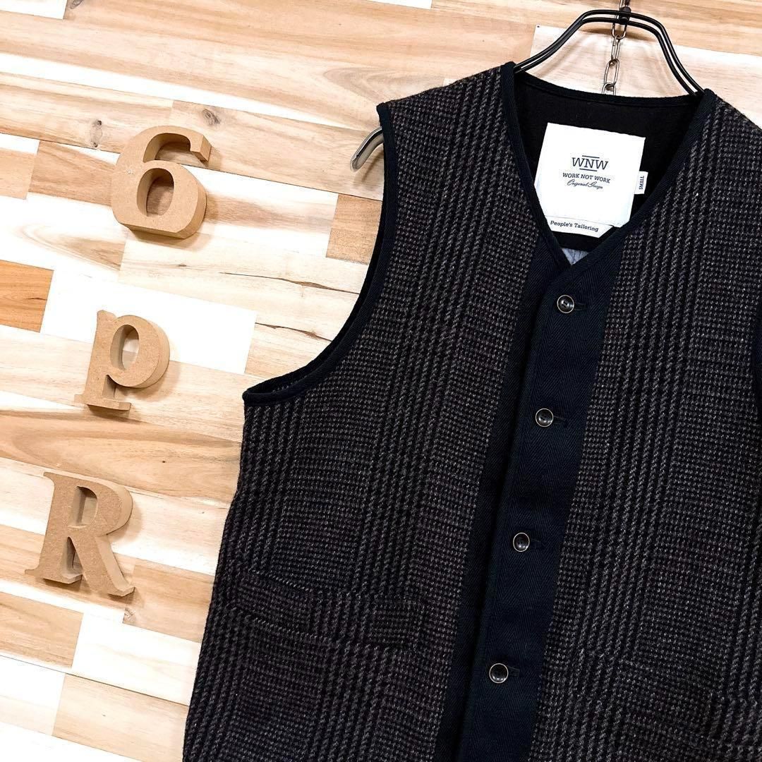 ワークノットワーク ウール チェック ベスト 中厚手 ビジネス S 茶×黒ブラック