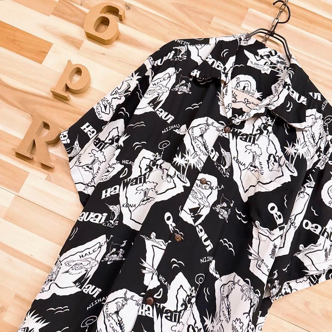 稀少サイズ サンサーフ モノトーン 半袖 アロハシャツ 総柄 XL 黒×白ホワイト