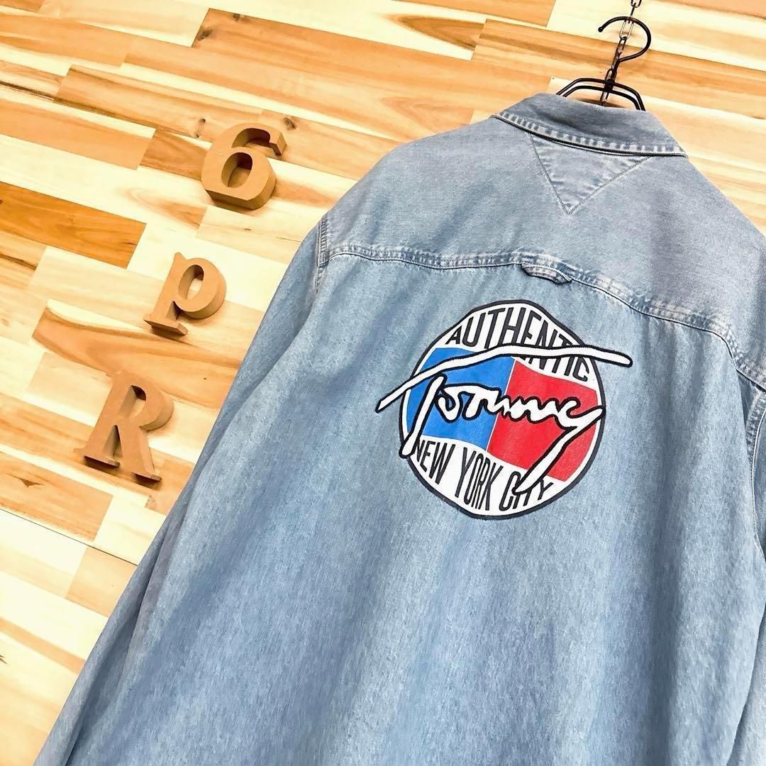 トミーヒルフィガー サークル レトロ ロゴ デニム 長袖シャツ XL 青ブルー