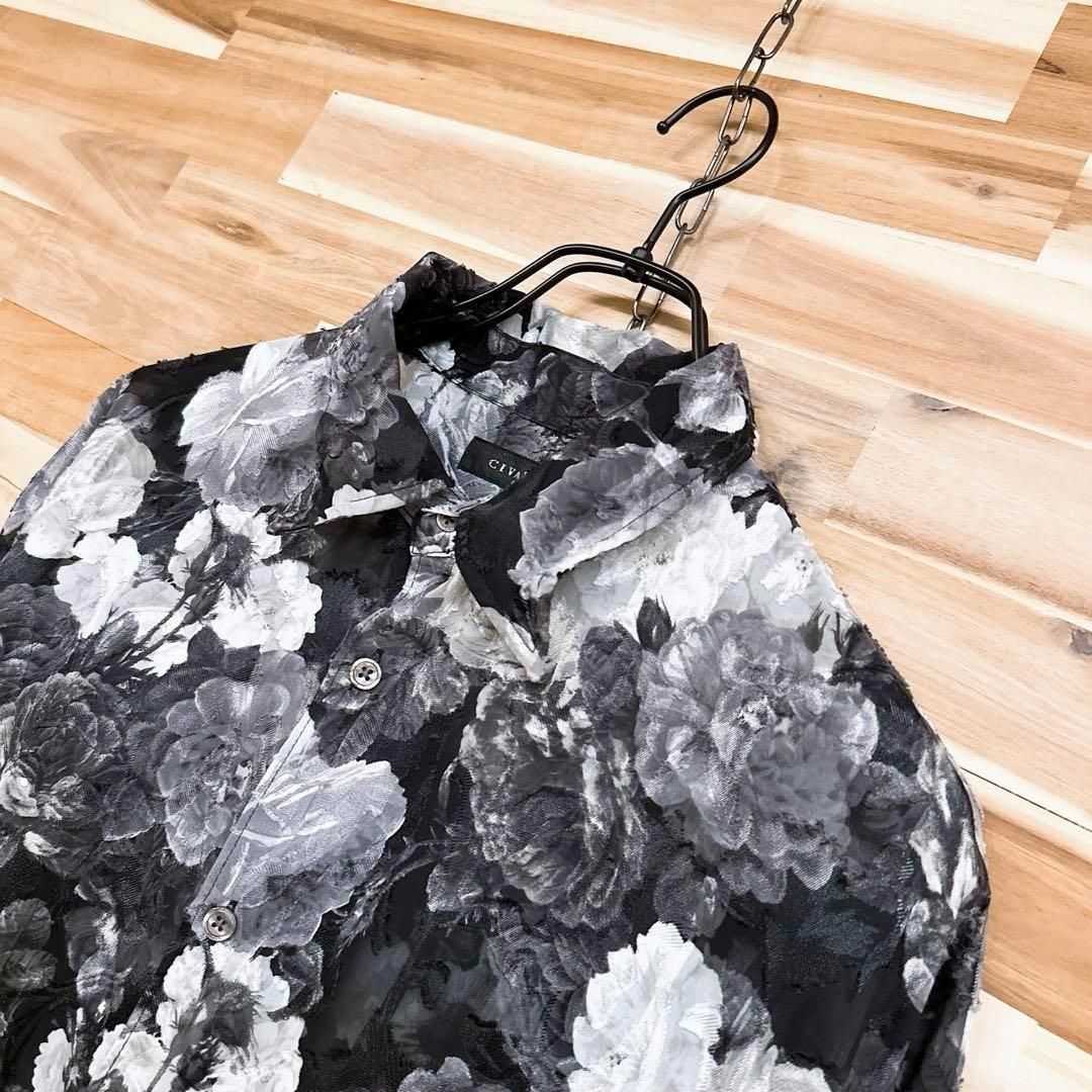 シヴァ―ライズ モノクロ ローズ 半袖シャツ フラワー 花柄 黒×白ホワイト