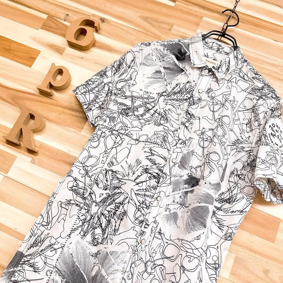 オシャレ ディーゼル アートデザイン 半袖シャツ 綿 総柄 S 白 黒ブラック