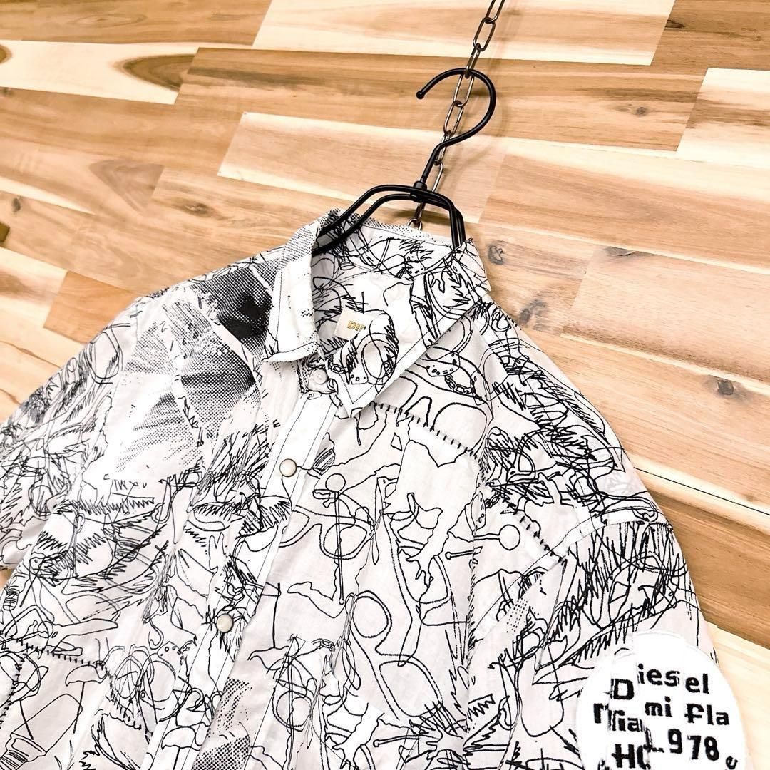 オシャレ ディーゼル アートデザイン 半袖シャツ 綿 総柄 S 白×黒ブラック