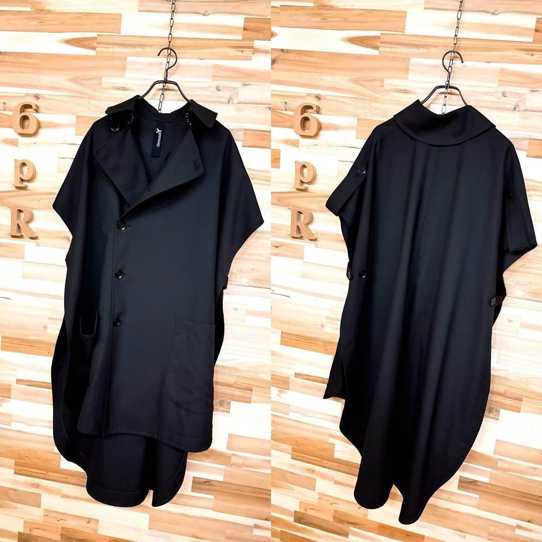 グラウンドワイ ギャバジン ケープ コート ロング ベスト黒ブラック モード