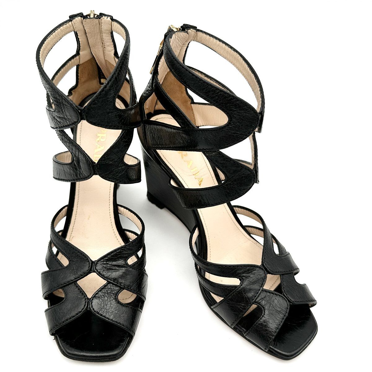 PRADA サンダル 本革 バックファスナー ロゴ入り ウェッジソール ブラック 2327 T