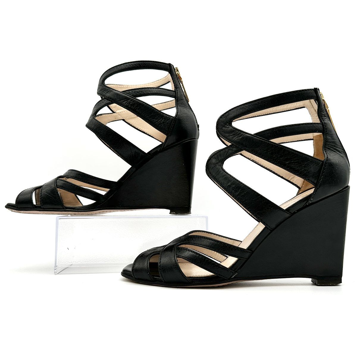  PRADA サンダル 本革 バックファスナー ロゴ入り ウェッジソール ブラック 2327 T サンダル サンダル ミュール