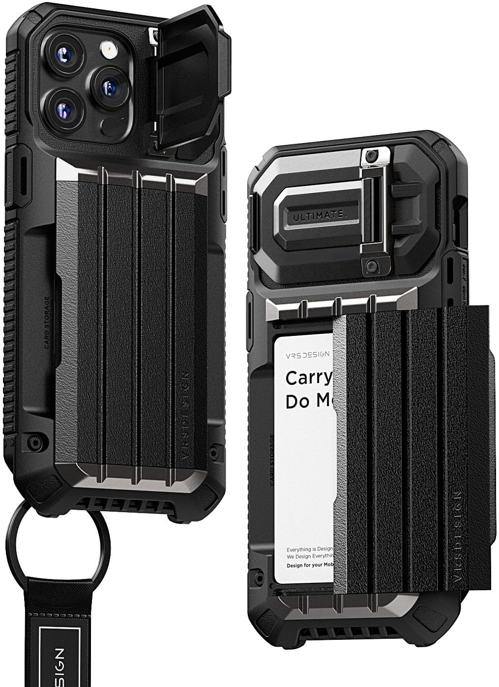 VRS DESIGN Damda Glide Ultimate for iPhone 15 Pro Max 2025 用 で頑丈なフルカバーカメラレンズ保護ウォレットケース ストラップ付き マットブラック マットブラック