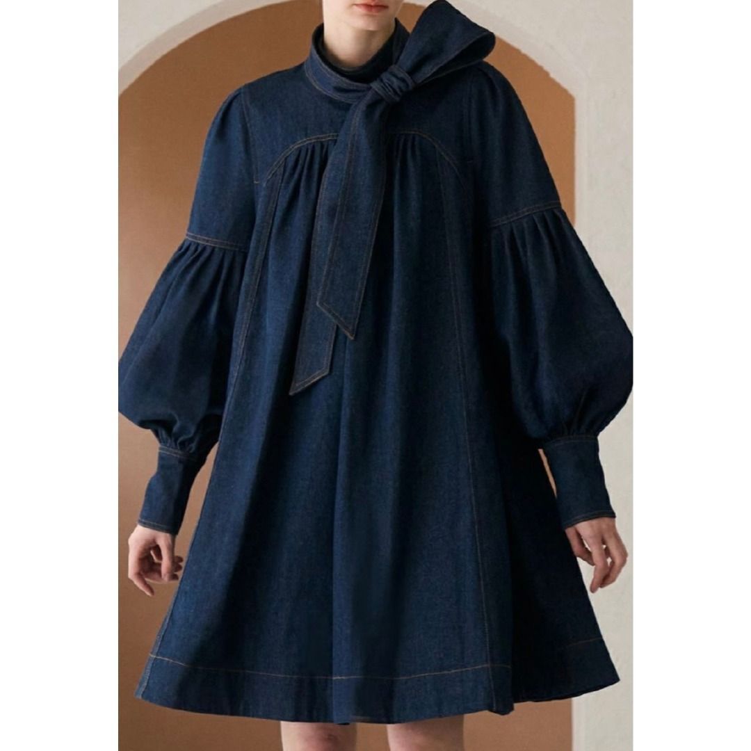 新品 romile デニムサーキュラーワンピース Mサイズ ネックリボン付き