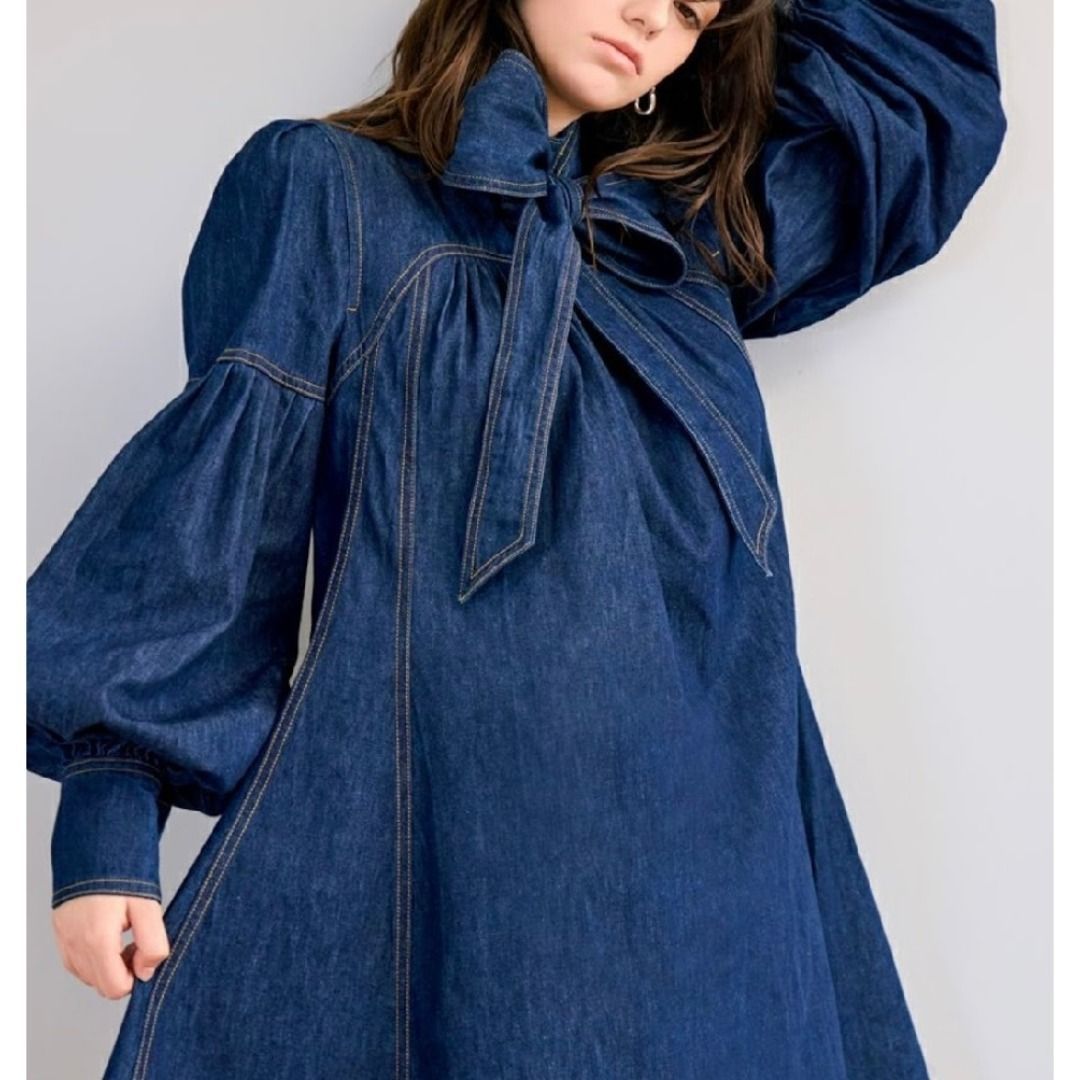 新品 romile デニムサーキュラーワンピース Mサイズ ネックリボン付き