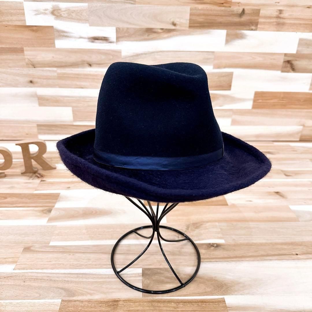カシラ ワイヤー入りツバ 中折れハット ウール ラビットファー リボン 紺