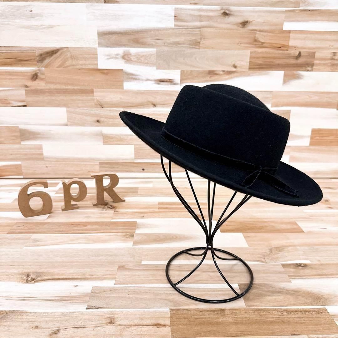 カシラ アシンメトリー ワイド ブリム ウール ハット ベロア リボン 黒ブラック