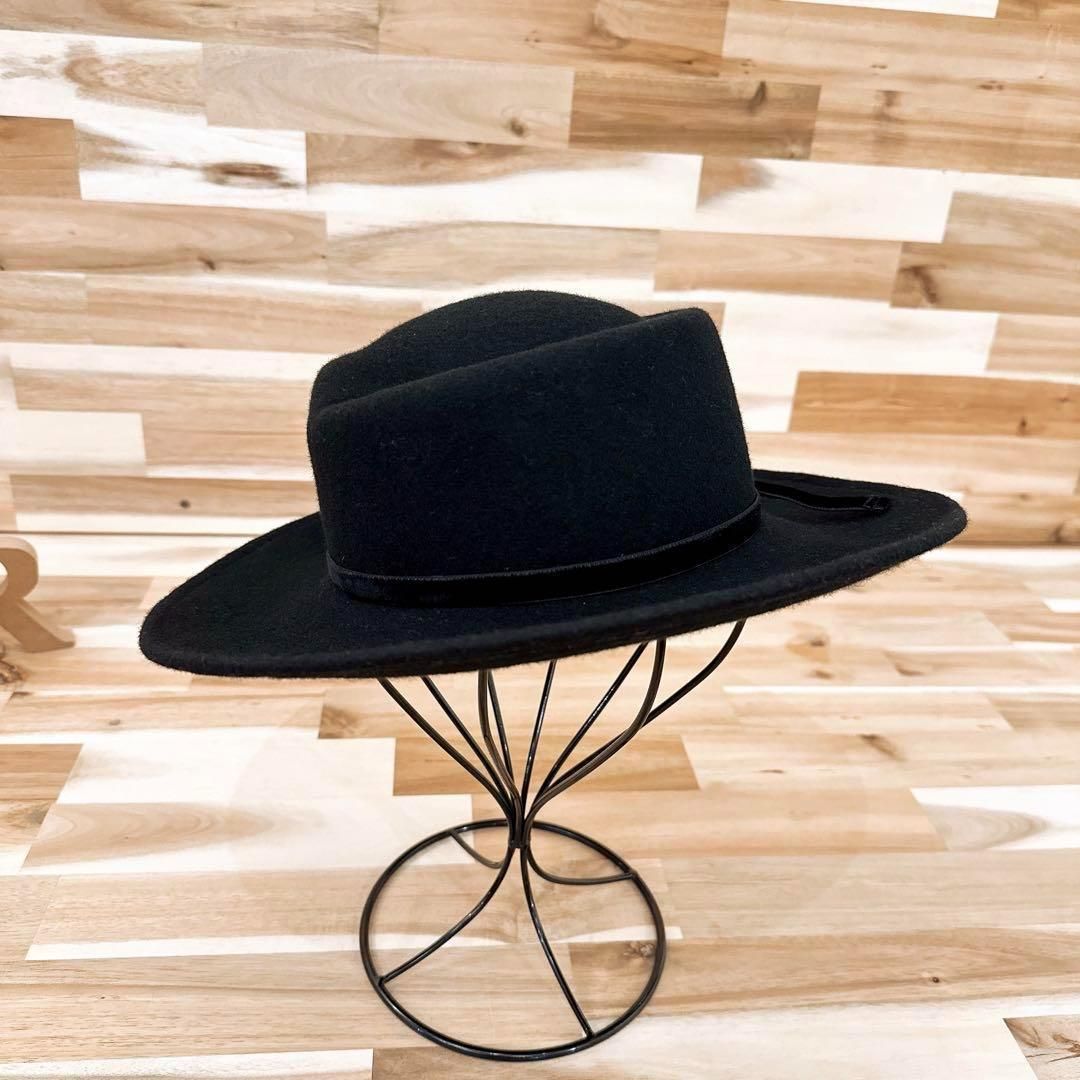カシラ アシンメトリー ワイド ブリム ウール ハット ベロア リボン 黒ブラック