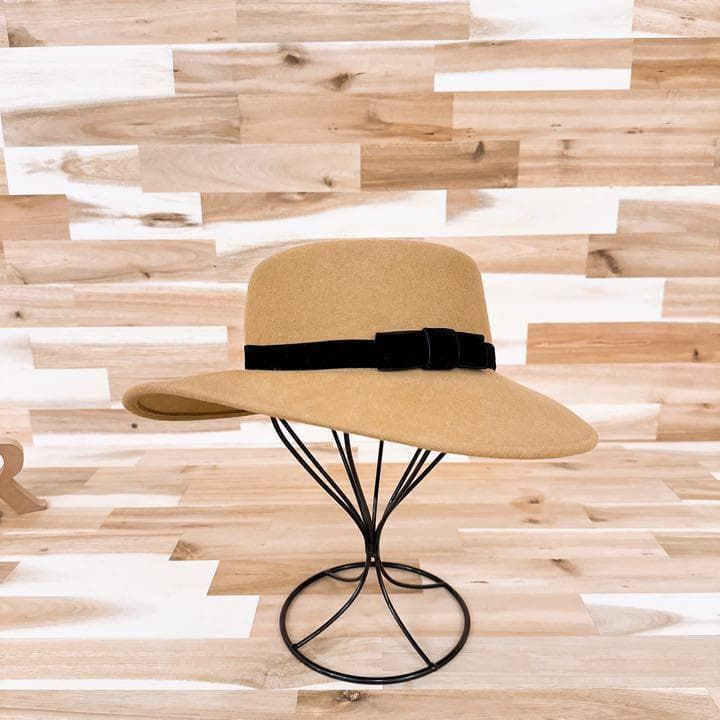 カシラ バイ ウール ポークパイ ハット ブラック リボン ベージュ×黒ブラック