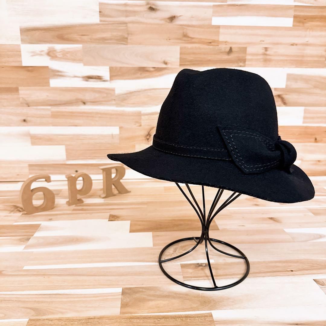 大人オシャレ カシラ ステッチ リボン ウール 中折れハット 秋冬 黒ブラック