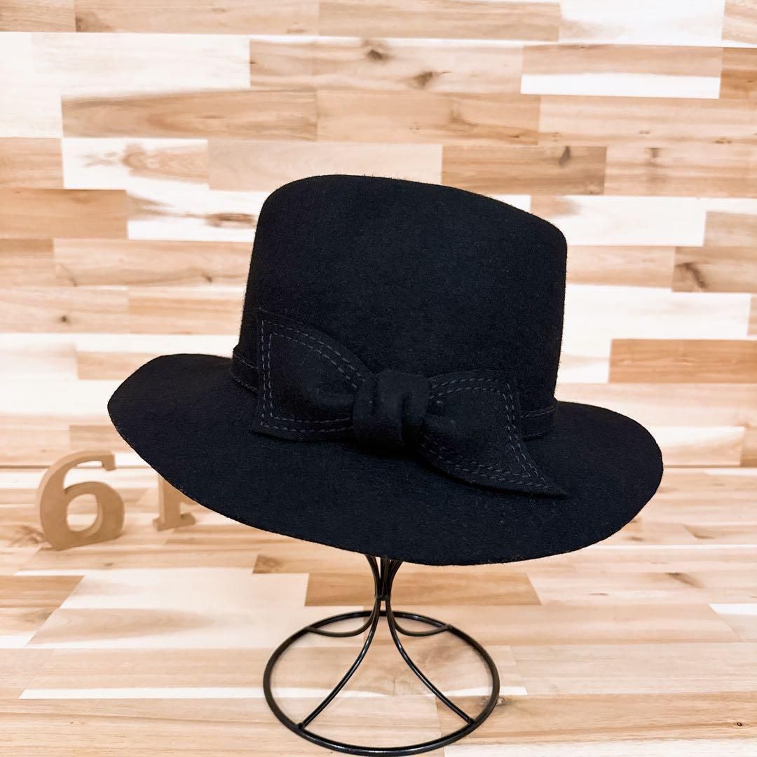 大人オシャレ カシラ ステッチ リボン ウール 中折れハット 秋冬 黒ブラック