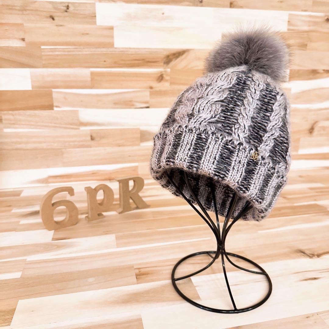 カシラ フォックス ファー ボンボン モヘヤ ウール ブレンド編み ニット帽