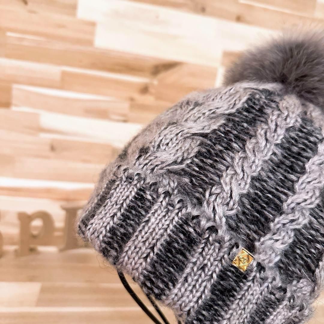 カシラ フォックス ファー ボンボン モヘヤ ウール ブレンド編み ニット帽