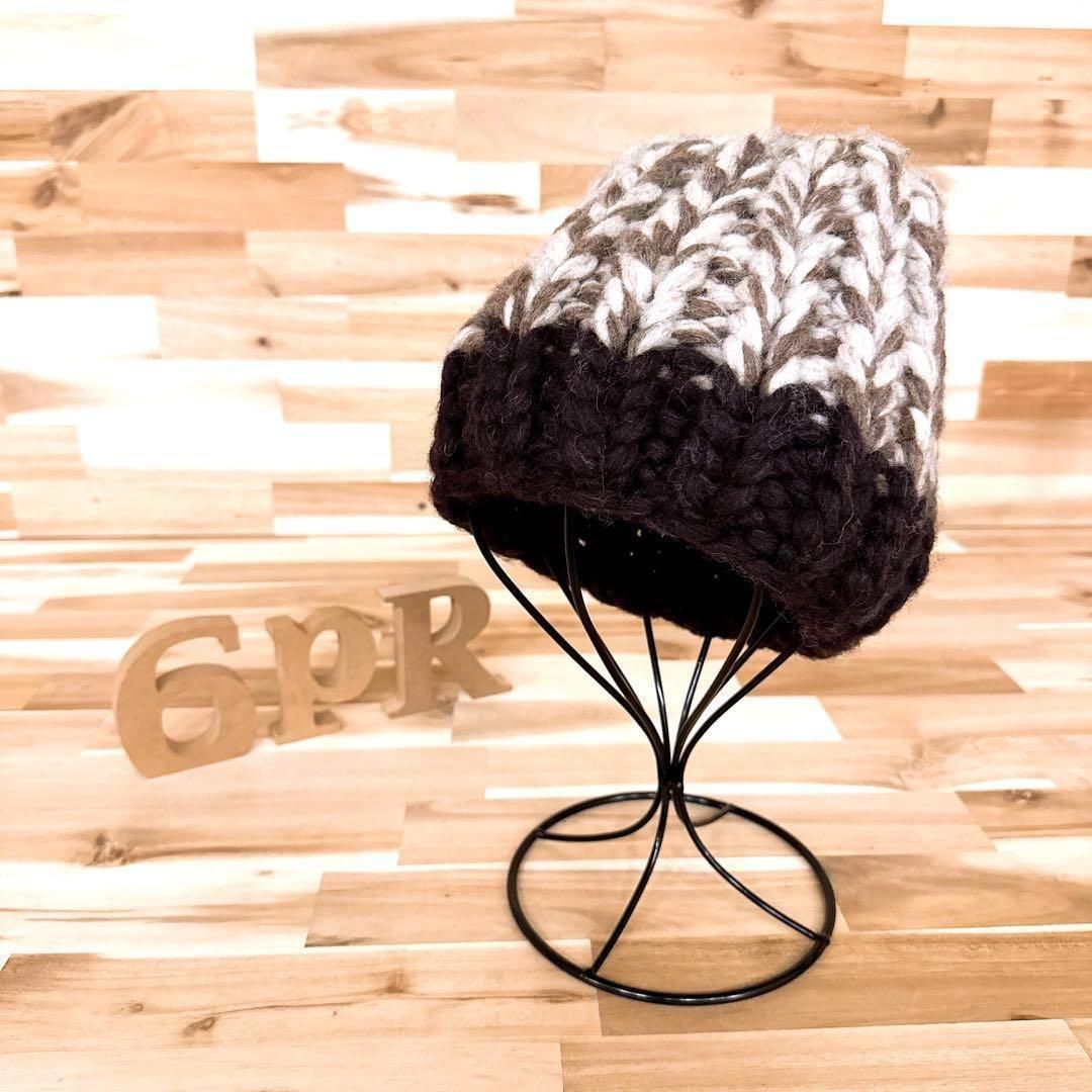 カシラ ビンテージ ローゲージ ミックス 編み込みニット帽 ベージュ×茶