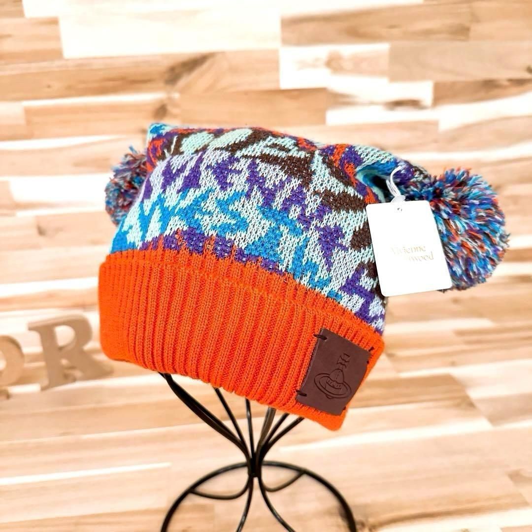 ヴィヴィアンウエストウッド レザー パッチ ダブル ボンボン ニット帽