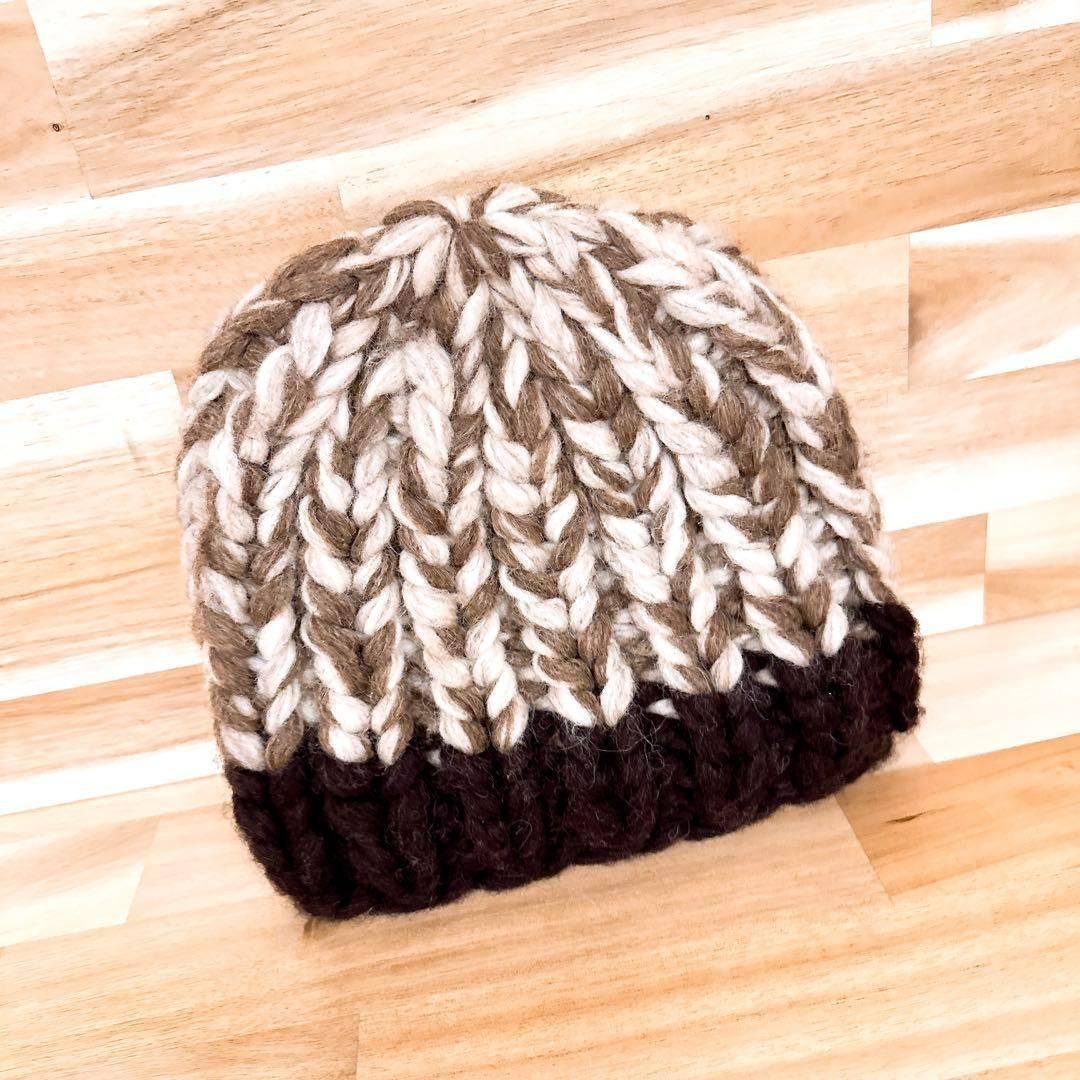 編み込みニット帽 ベージュ×茶